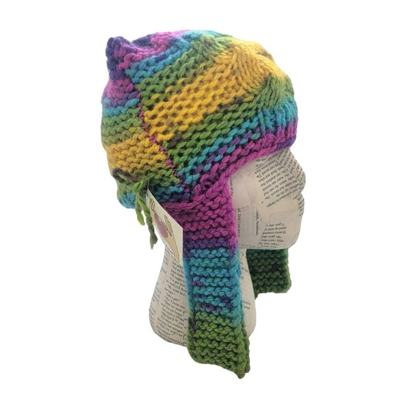 ⭐GIRL'S Handmade Striped Multicolor Knit Beanie Cat Ears Warm Winter Quirky Hat⭐ - Picture 3 of 7